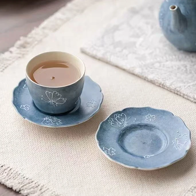 【小璟鹅】素岚蝶舞-杯垫 手绘立体蝴蝶陶瓷杯托隔热防烫 9.4*1.5cm