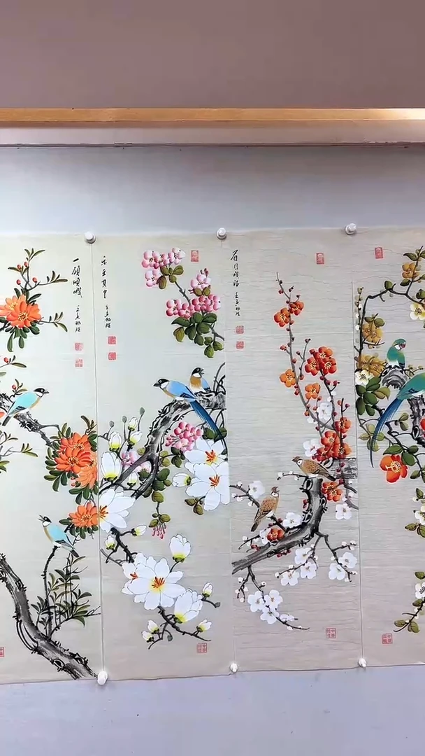 国画工笔花鸟四条屏/雷畅胜