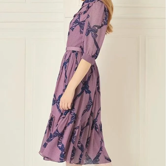 早春新品复古泡泡袖荷叶边印花连衣裙-2837