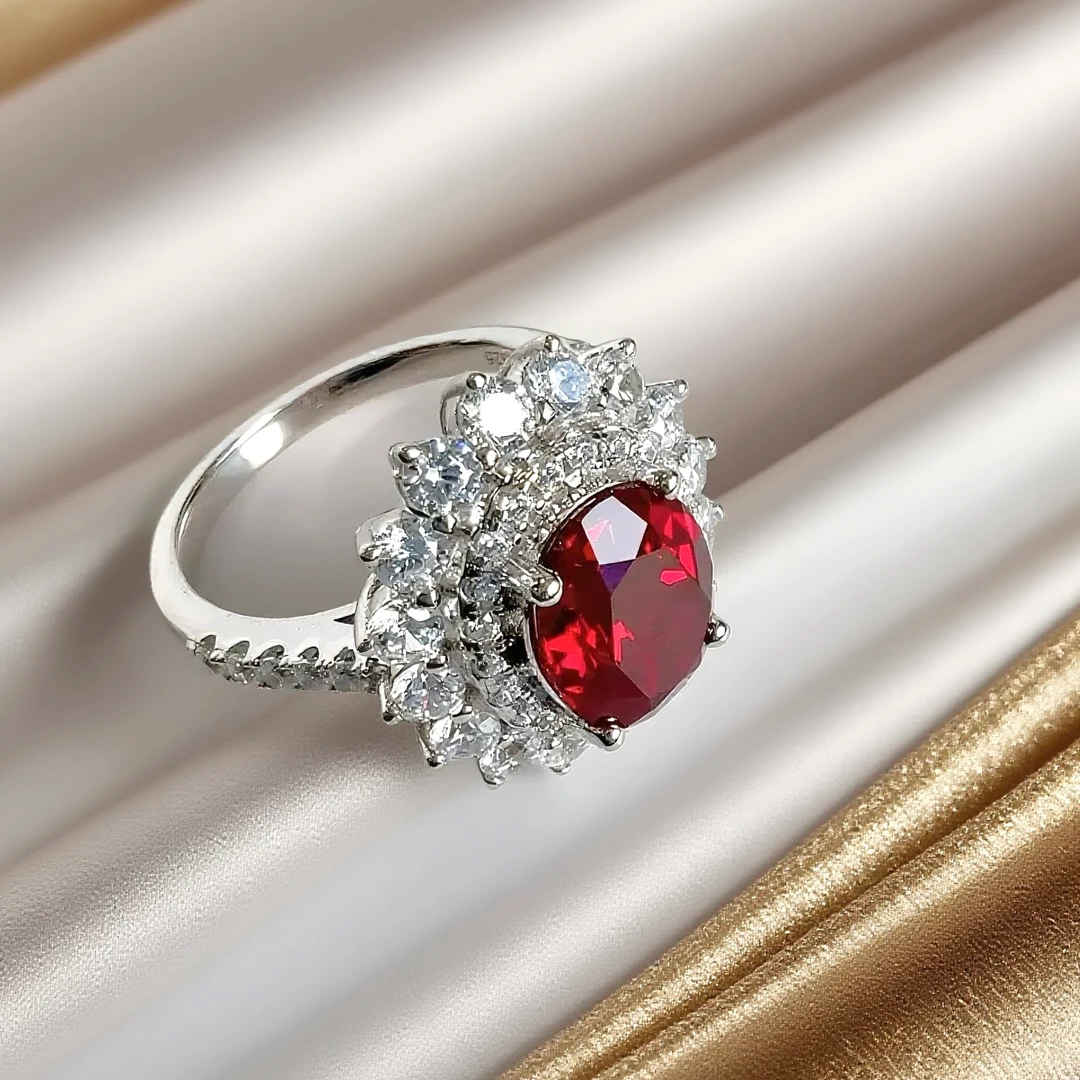 培育红宝石S925银镶嵌戴妃款戒指4ct-JZ1501