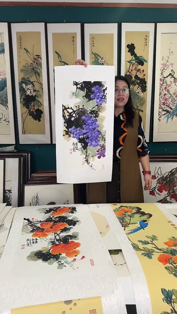 国画45*90葡萄实木装裱