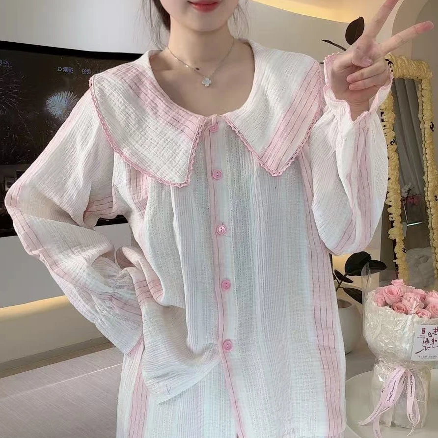 小舞【梦幻木马】蕾丝长袖甜美娃娃领秋季气质休闲纯棉睡衣家居服