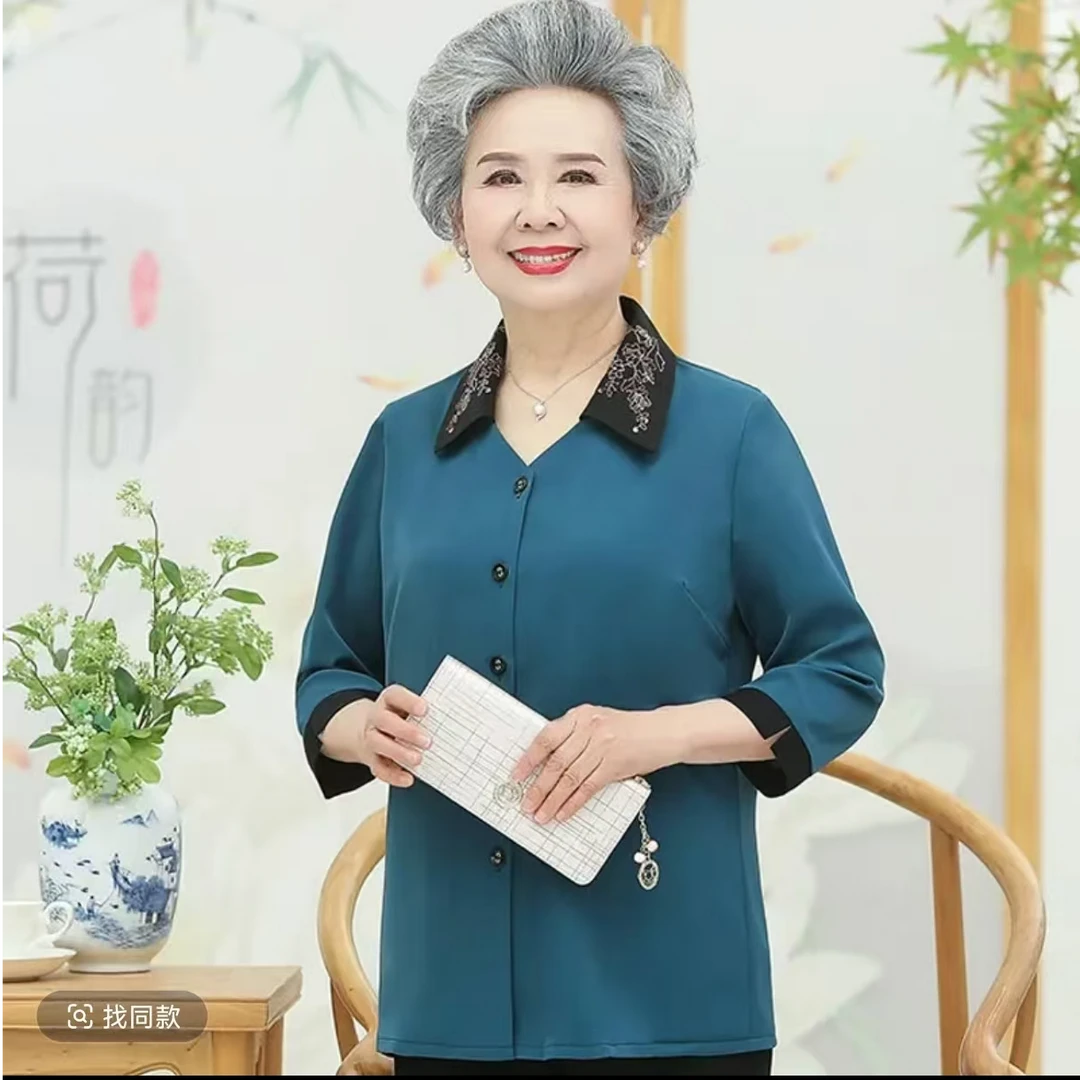 396-薄款纯色中老年女装老年薄款夏季宽松七分袖翻领