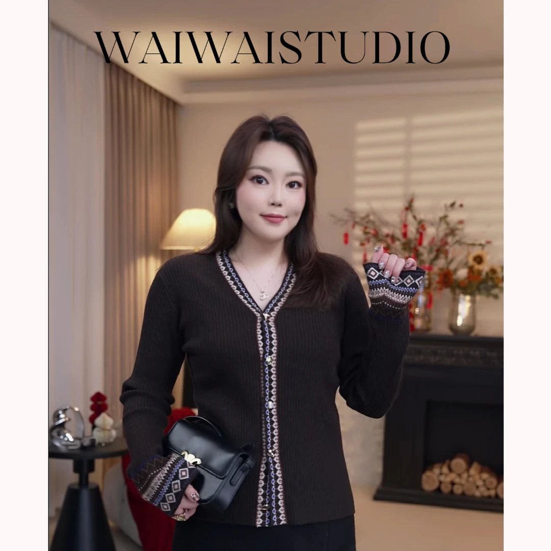 【棕系旅人】显瘦名族风提花V领针织衫 25SL030