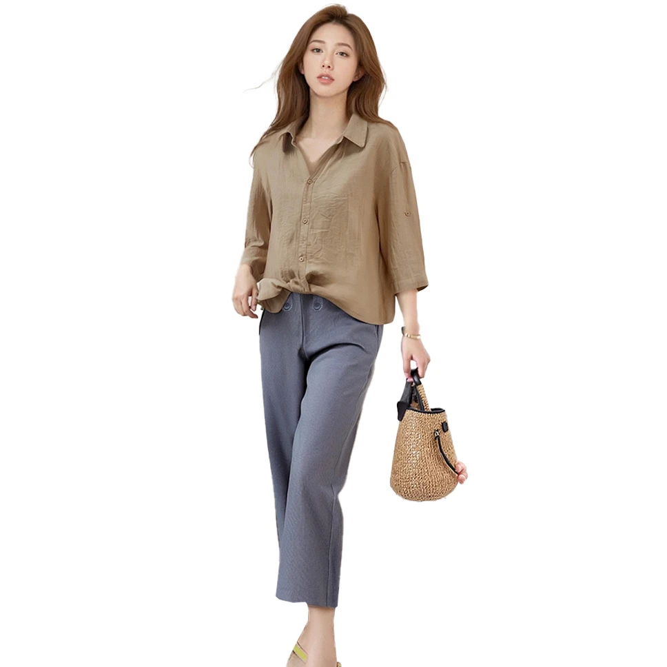 小格子休闲直筒松紧腰长裤