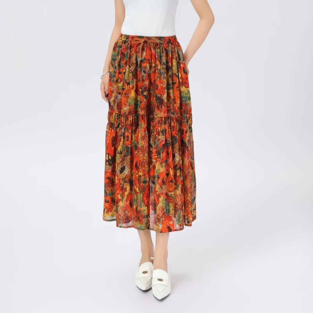 AMASS/阿玛施甜美百搭高腰显瘦印花绑带松紧腰半身裙5200408