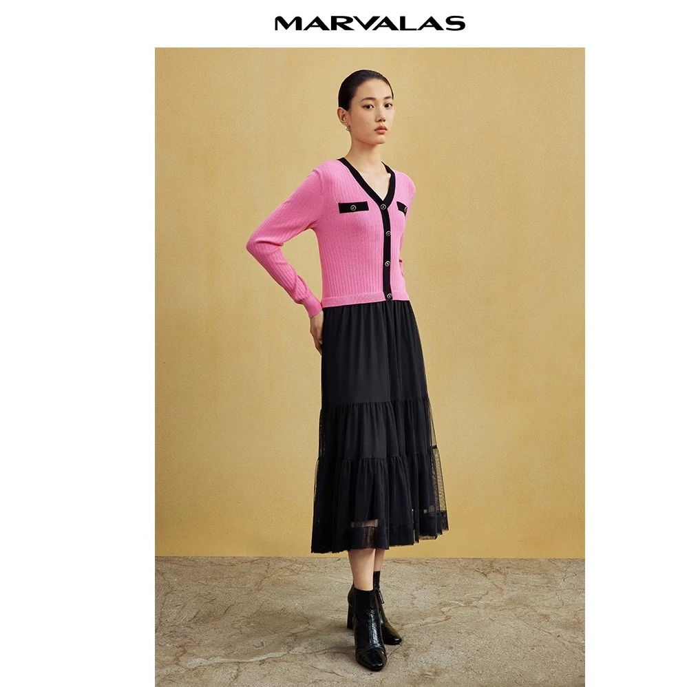 【曼德诗】小香风针织衫连衣裙女拼接针织长裙MZ538307858