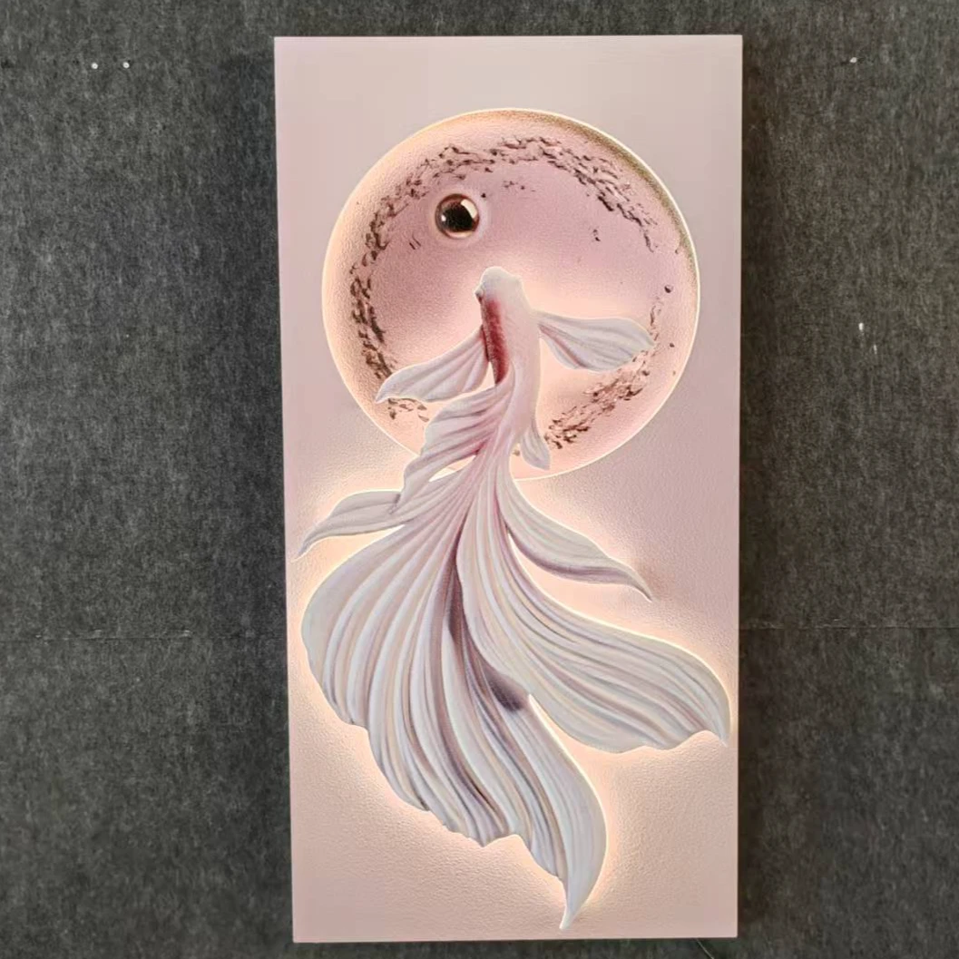 盛昀正品玄关语音控制款立体浮雕客厅过道锦鲤灯光现代轻装饰画