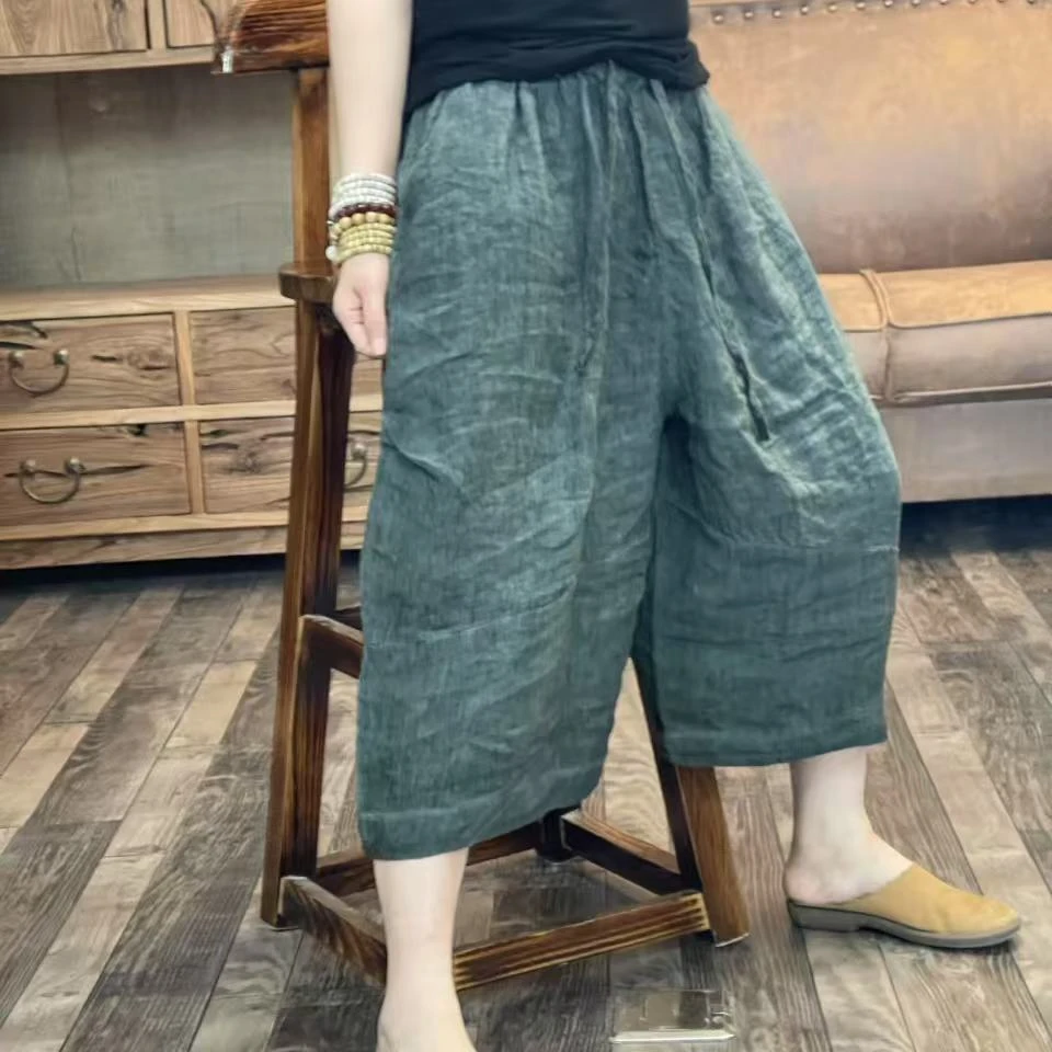 F6789夏季亚麻炒色做旧女士休闲七分裤(长71臀围142)