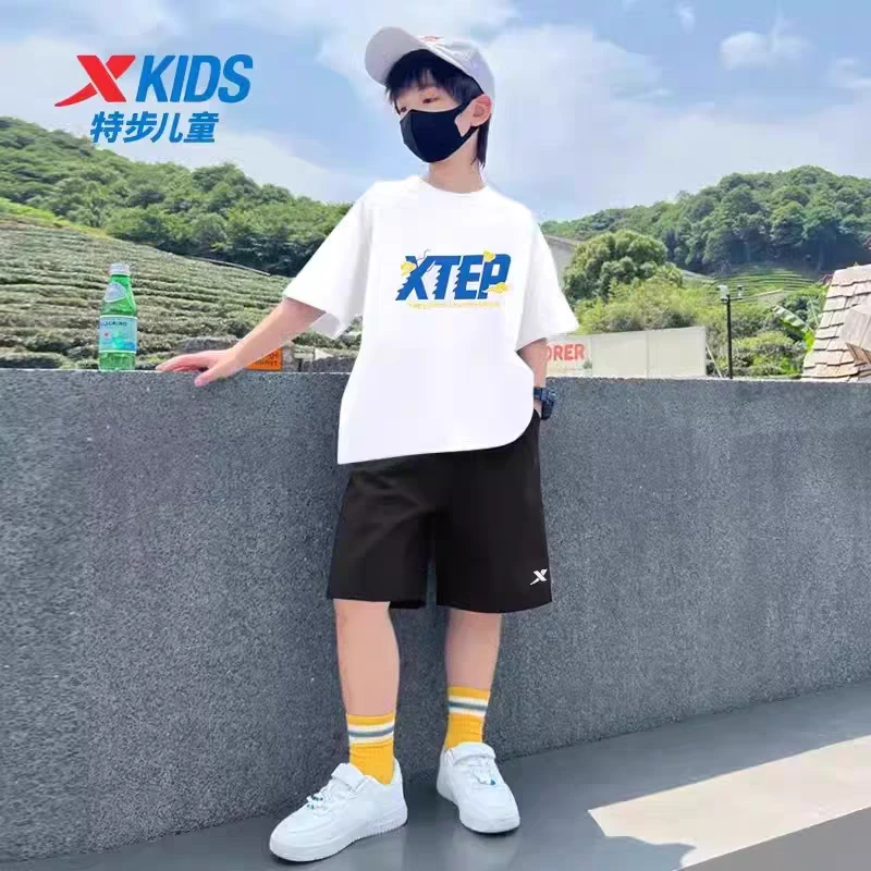 特步儿童童装男童运动套装中大童秋季新款短袖短裤白色半袖两件套