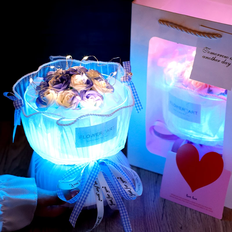 女神节玫瑰花永生花带灯高级感碎冰蓝送母亲送女友老师男友节日