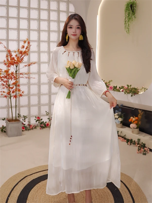 极简 旷野之意长款背带温柔连衣裙背后打条宽松垂感6610