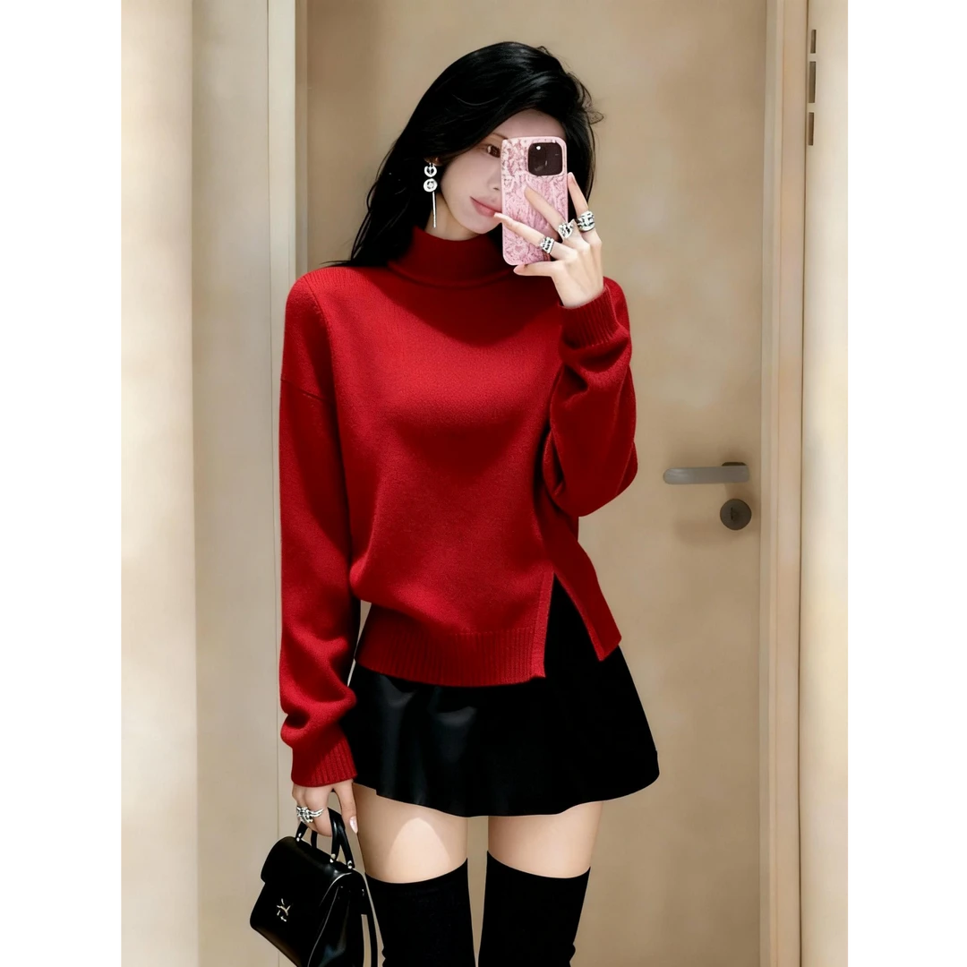 2025冬季新款网红女装时尚洋气气质绝美红色毛衣显瘦长袖针织衫女