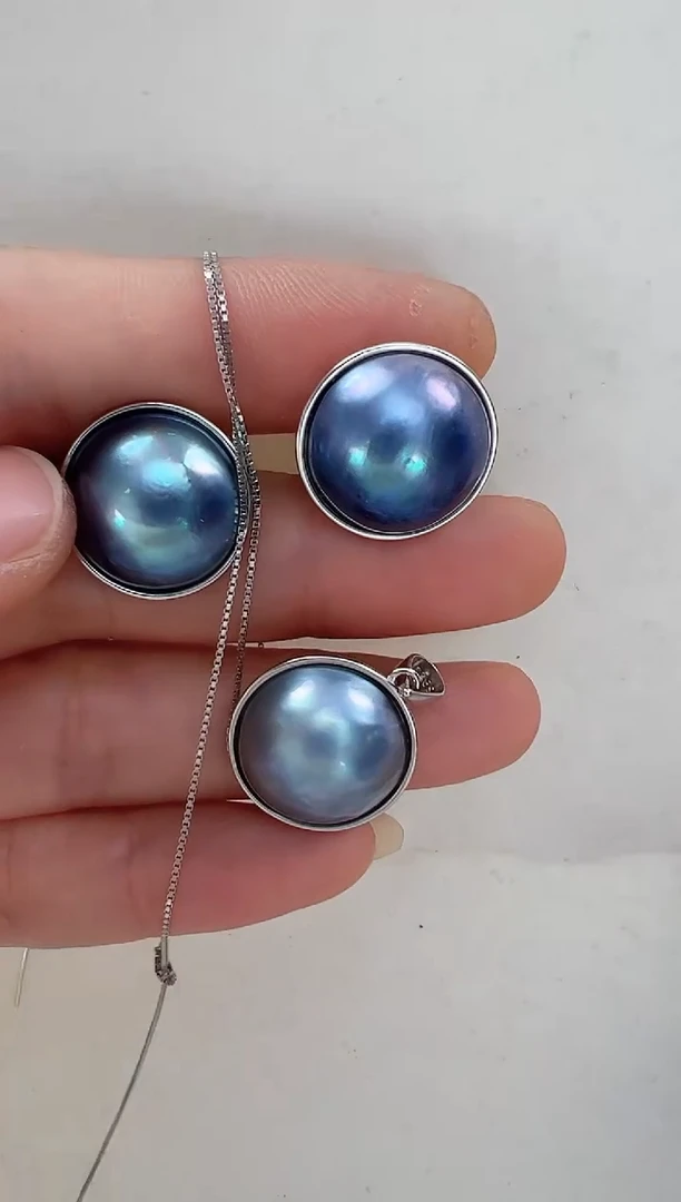 【闪购商品】拼合珍珠（马贝珠）耳饰银S925镶嵌蓝色光板套装