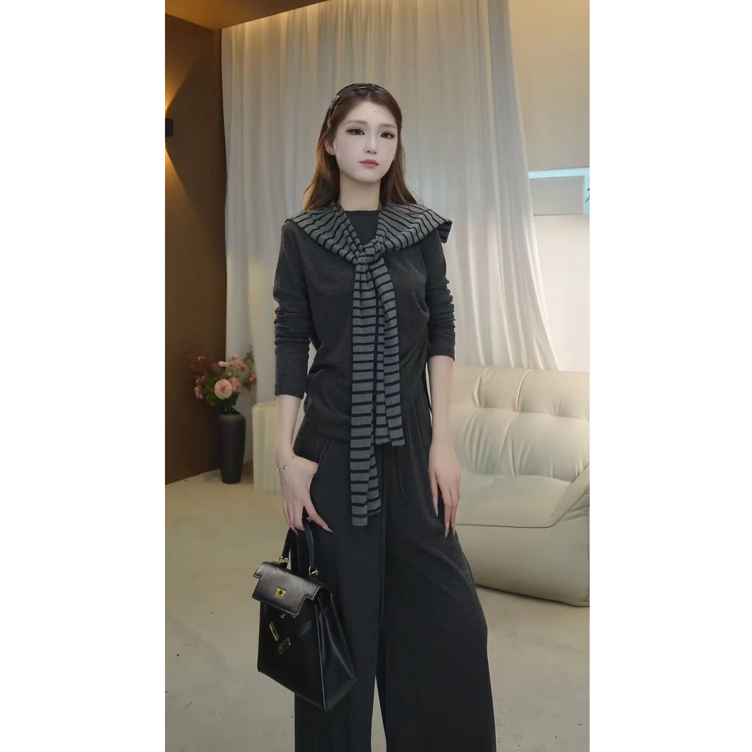 森森定制【极简主义】早秋高级修身长袖上衣直筒裤条纹披肩套装T210