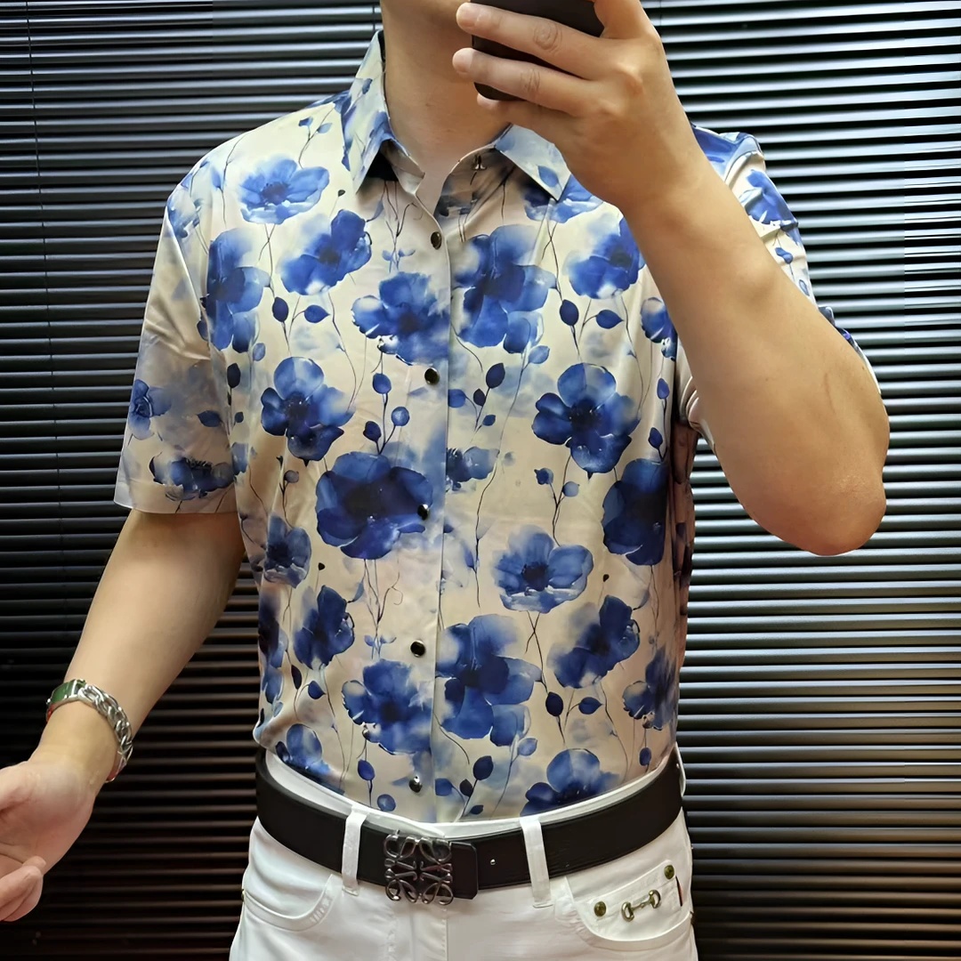 FLD甄选冰丝无缝免烫高弹力高品质男士百搭印花短袖衬衫2503161