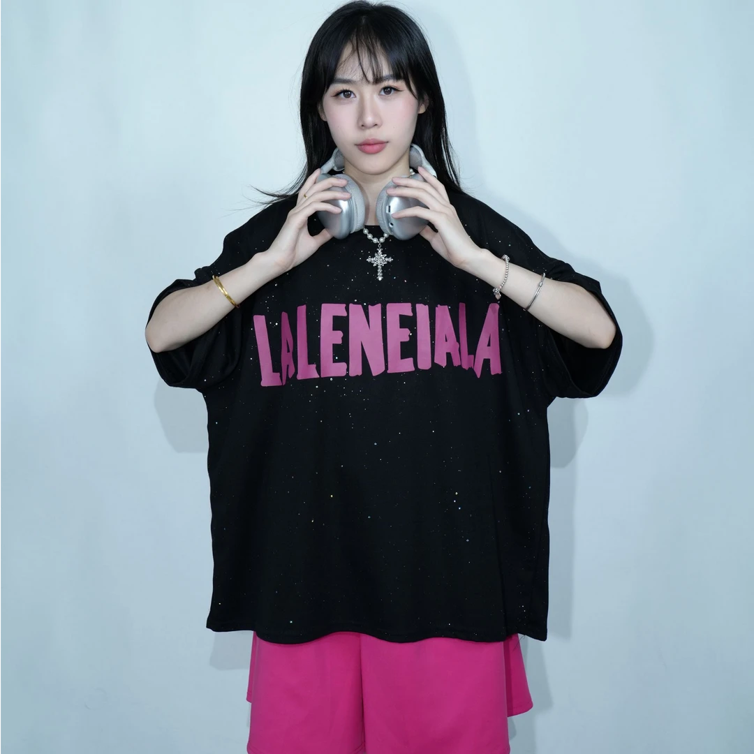 满天星玫红英文印花大码欧货潮牌百搭宽松时尚减龄短袖T恤