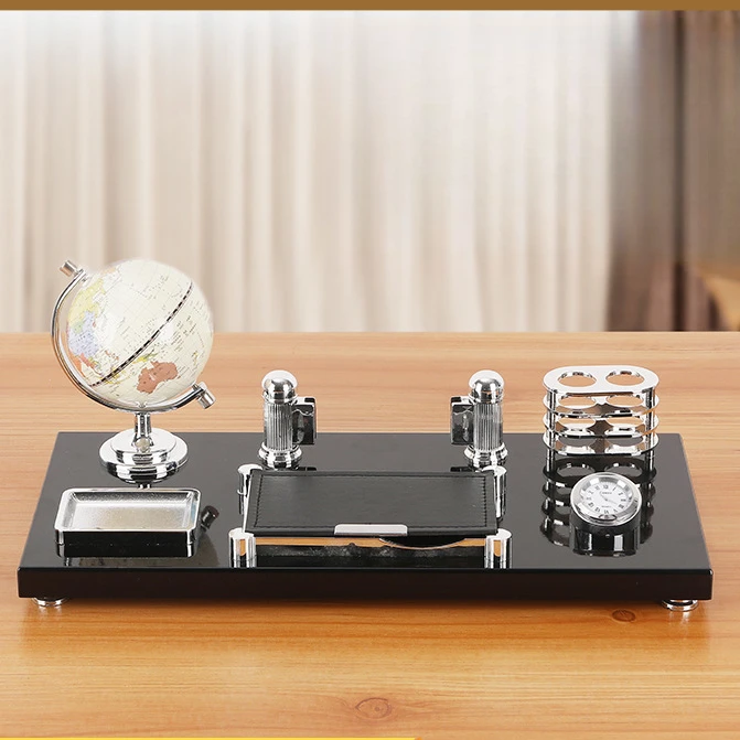 商务桌历架老板办公桌笔筒木质桌面摆件黑漆pu皮质便签收纳盒