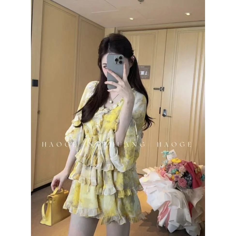 晚香玉，甜美风氛围感黄色碎花茶歇气质甜美温柔连衣裙91699贝