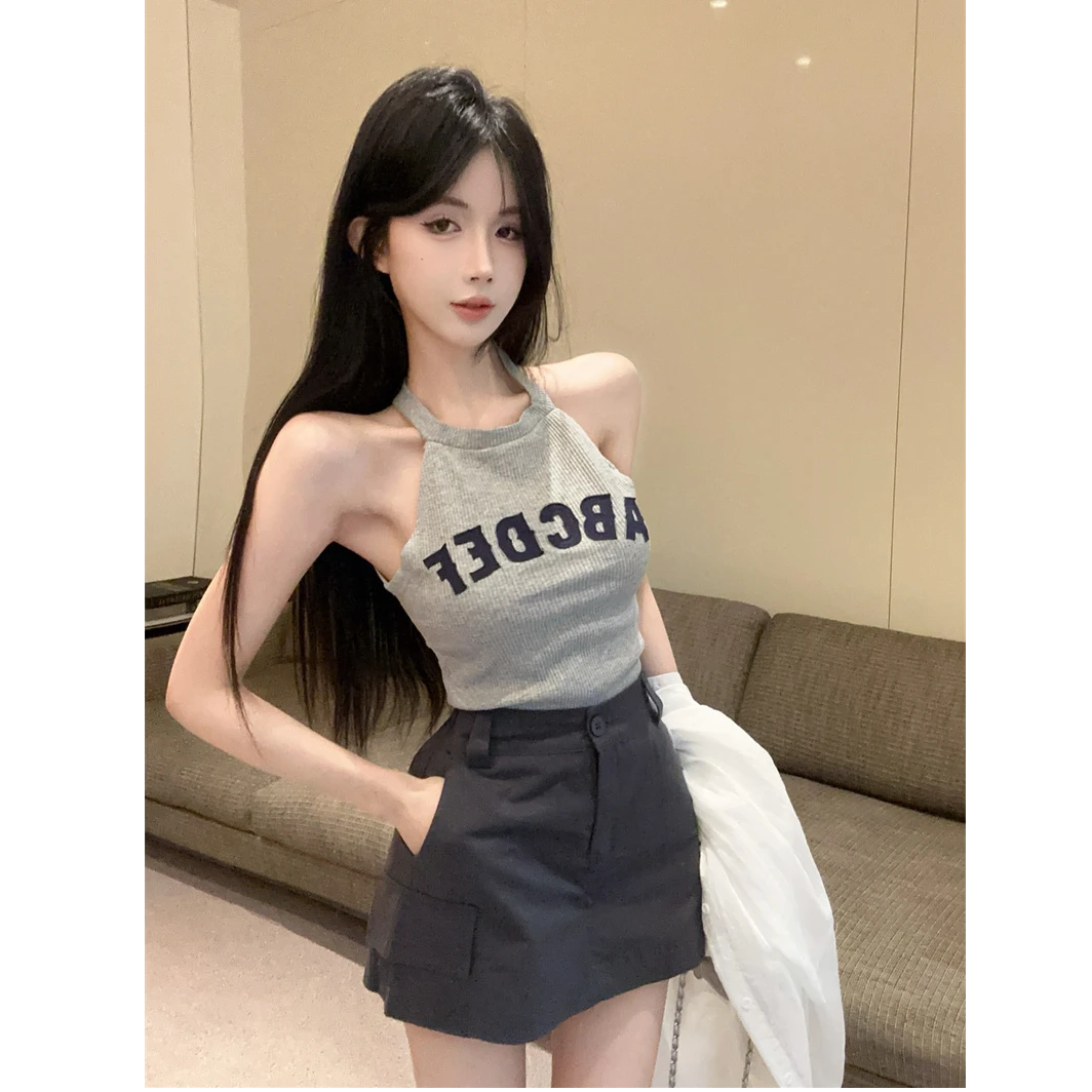 夏季新款时尚百搭辣妹字母无袖挂脖背心女美式工装半身裙套装