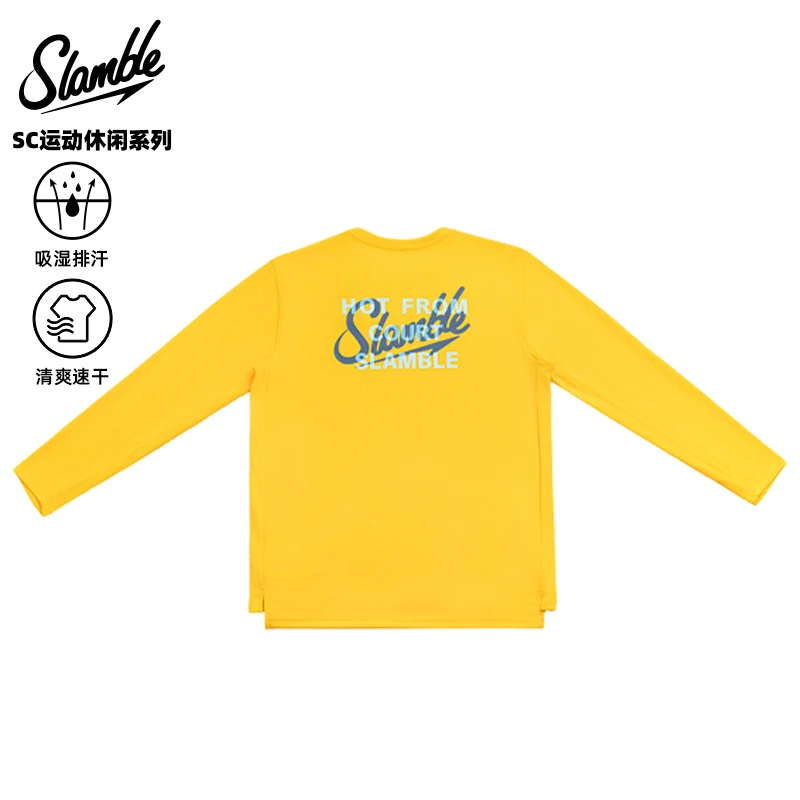 SLAMBLE男士运动速干长袖T恤羽毛球跑步训练篮球服印花圆领美式
