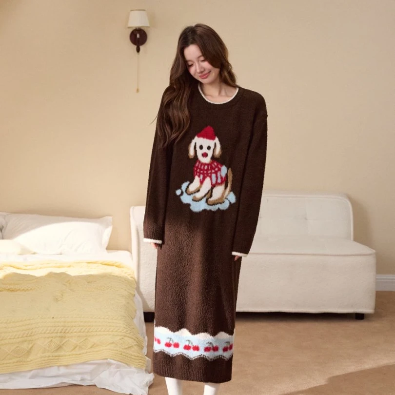 卡通冬款半边绒保暖睡裙中长款套装家居服冬季