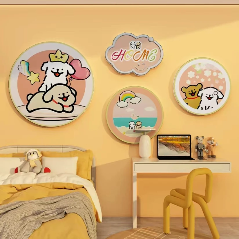 G简约新款儿童房装饰画男孩女孩卧室床头挂画可爱风小狗四联