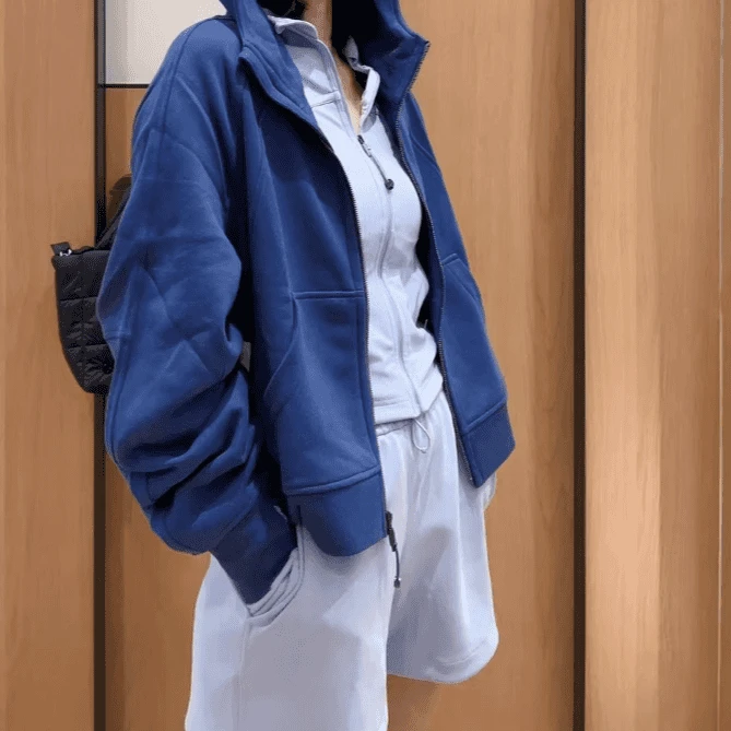 朵儿定制【lu外套】磨毛连帽拉链纯色外套 休闲宽松百搭短外套IJ67