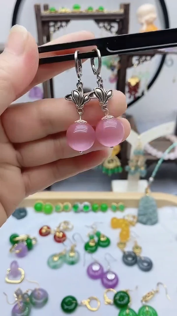 变石猫眼银S925镶嵌耳饰83