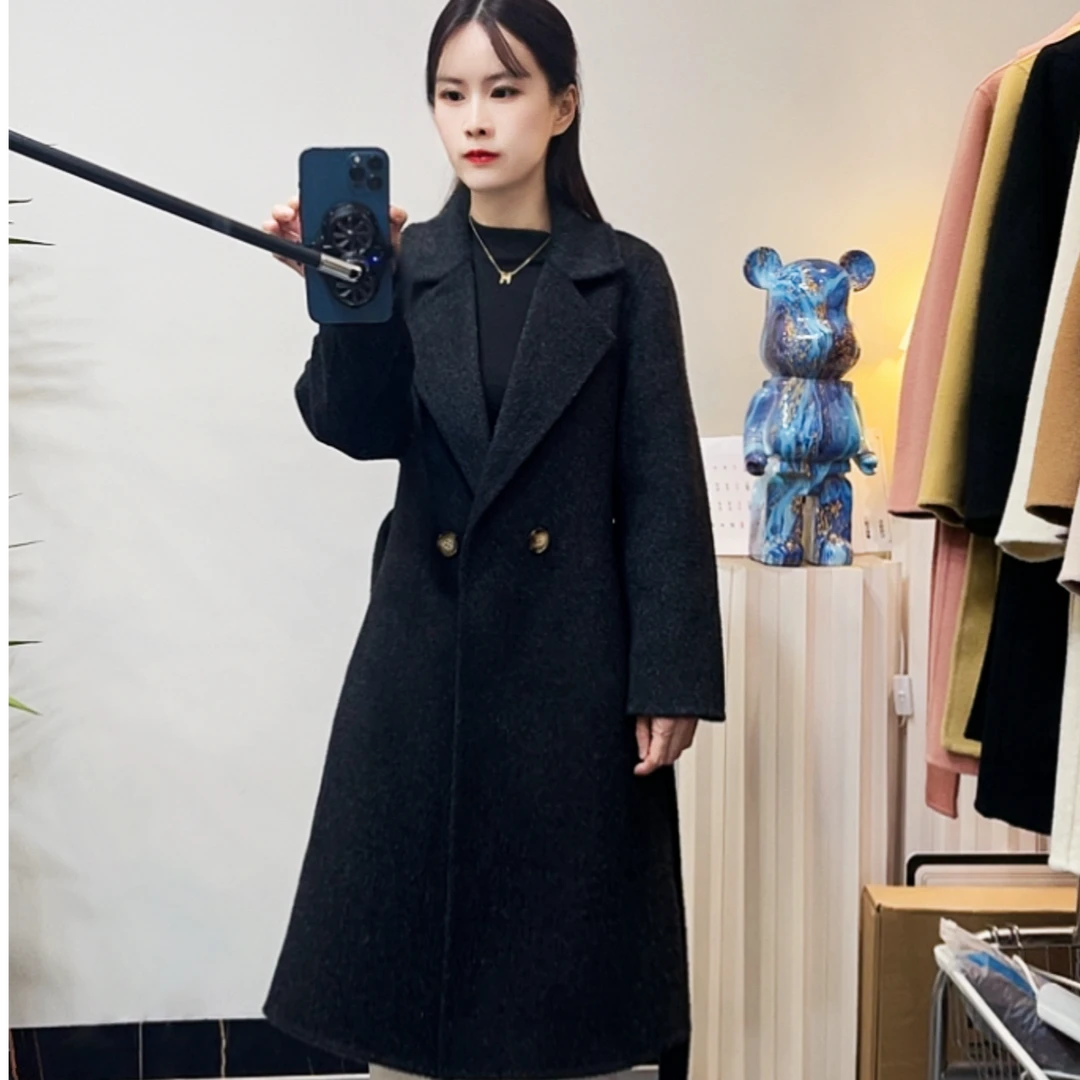 （小个子专属）春秋新款双面羊毛大衣双排扣修身女中长款过膝呢外套