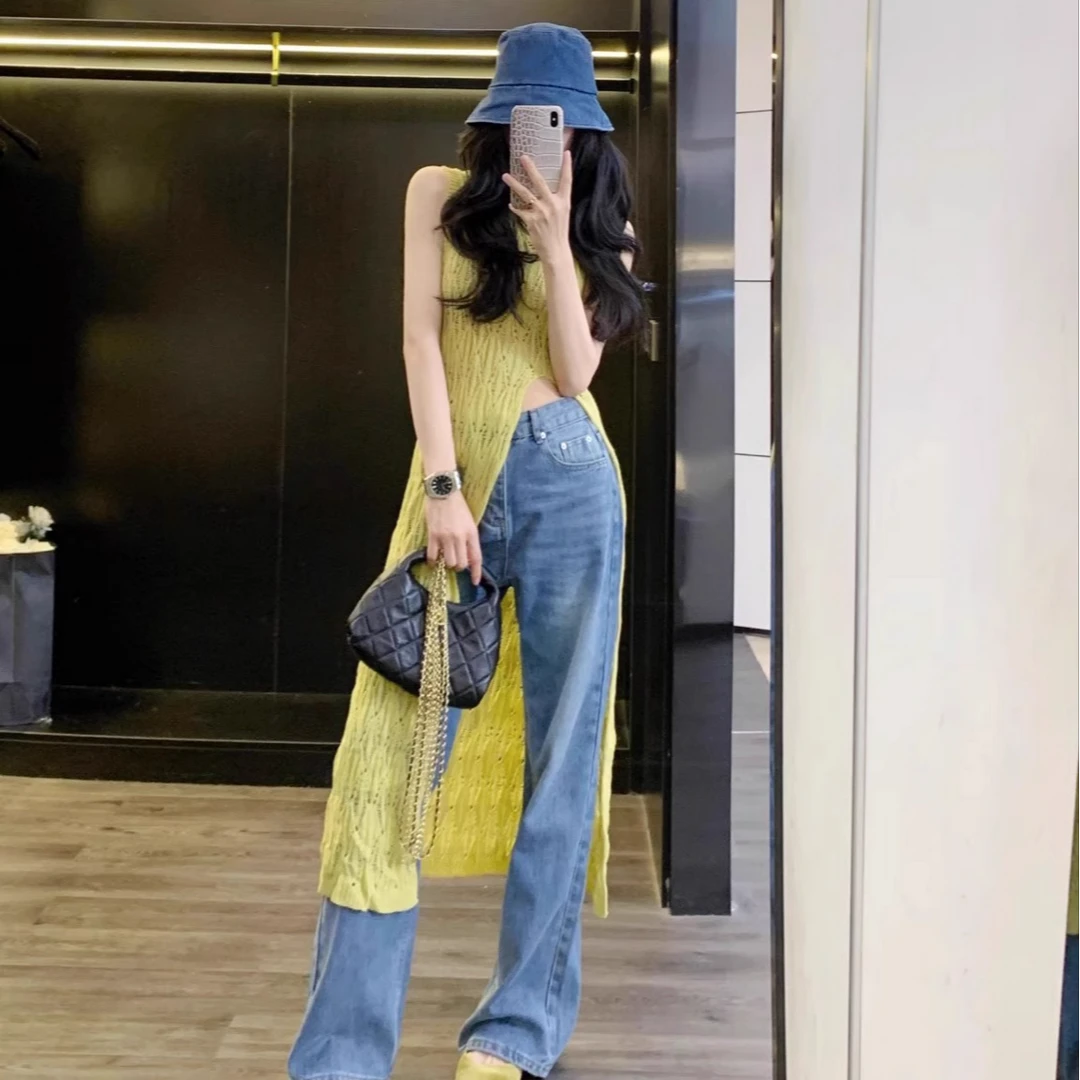 【现货】针织连衣裙2025春夏新款时尚设计感显瘦叠穿开叉镂空针织衫