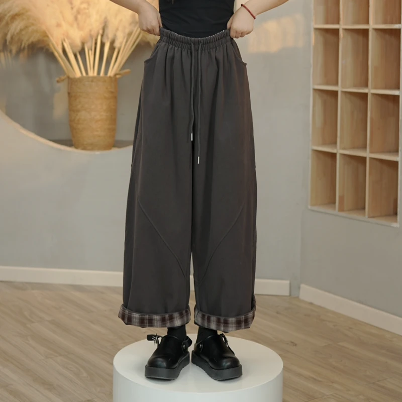 2008 抽绳长裤冬季新款中腰加厚松紧腰休闲裤女宽松加绒长裤女