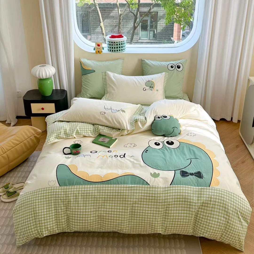 小玲子 呆萌恐龙 全棉水洗棉三件套四件套刺绣工艺款 可爱风