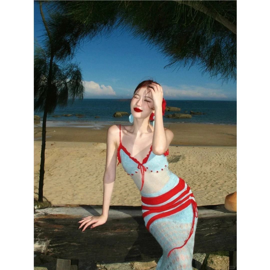 泰式分体泳衣度假风性感辣妹绑带针织抹胸背心女夏季高腰包臀半裙