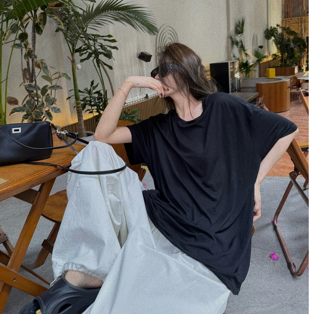 XYSF极简  慵懒天丝亚麻质感打底超薄防晒ins欧美宽松短袖T恤