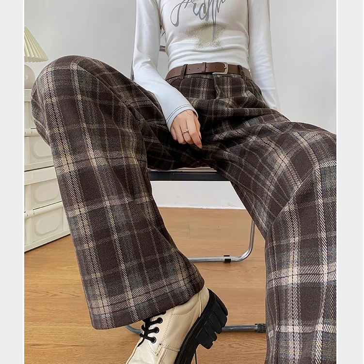 高腰格子裤女2025新款秋冬高腰垂感休闲窄版直筒毛呢加厚阔腿裤子