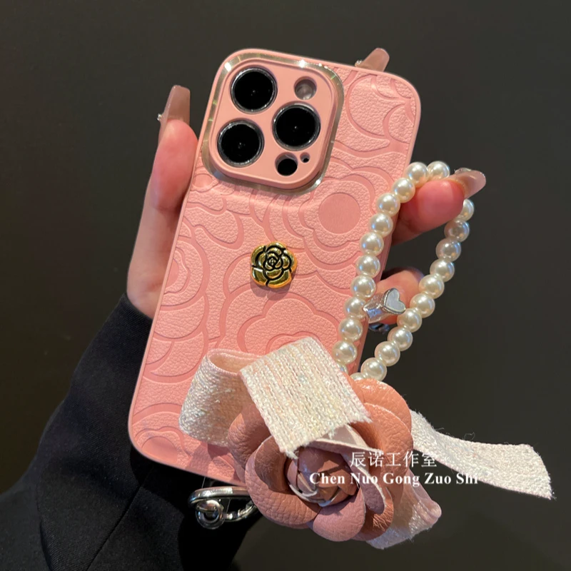 适用于苹果华为荣耀oppo/vivo小米手机壳iphone15山茶花纹手提链