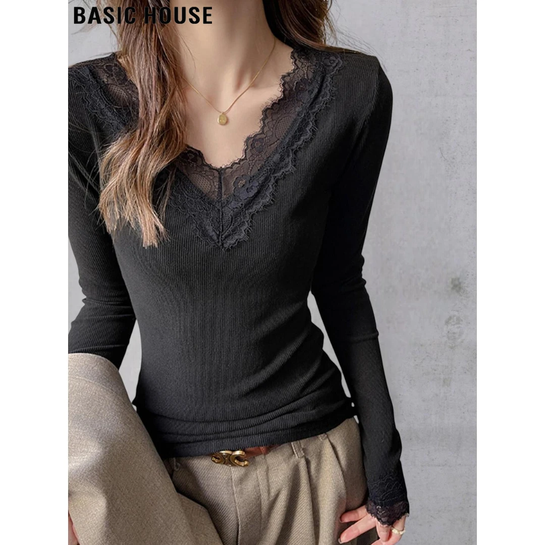 Basic House/百家好黑色蕾丝V领长袖T恤女2025冬季磨毛加厚打底衫
