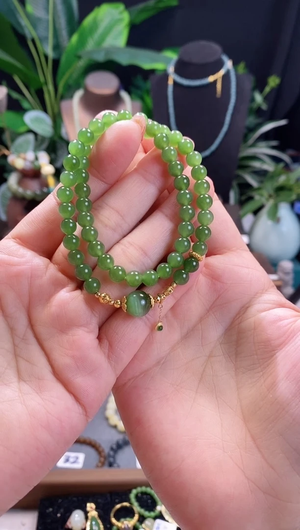 【闪购商品】和田玉（碧玉）手链未镶嵌精品6m俄料碧玉双圈配18k