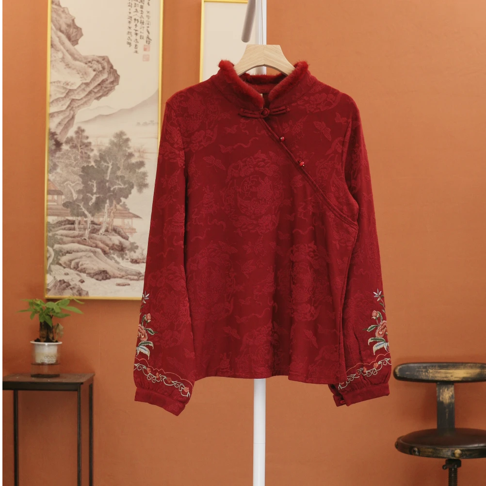 复古网红ins加绒加厚重工提花秋冬冬季新中式中国风民族风