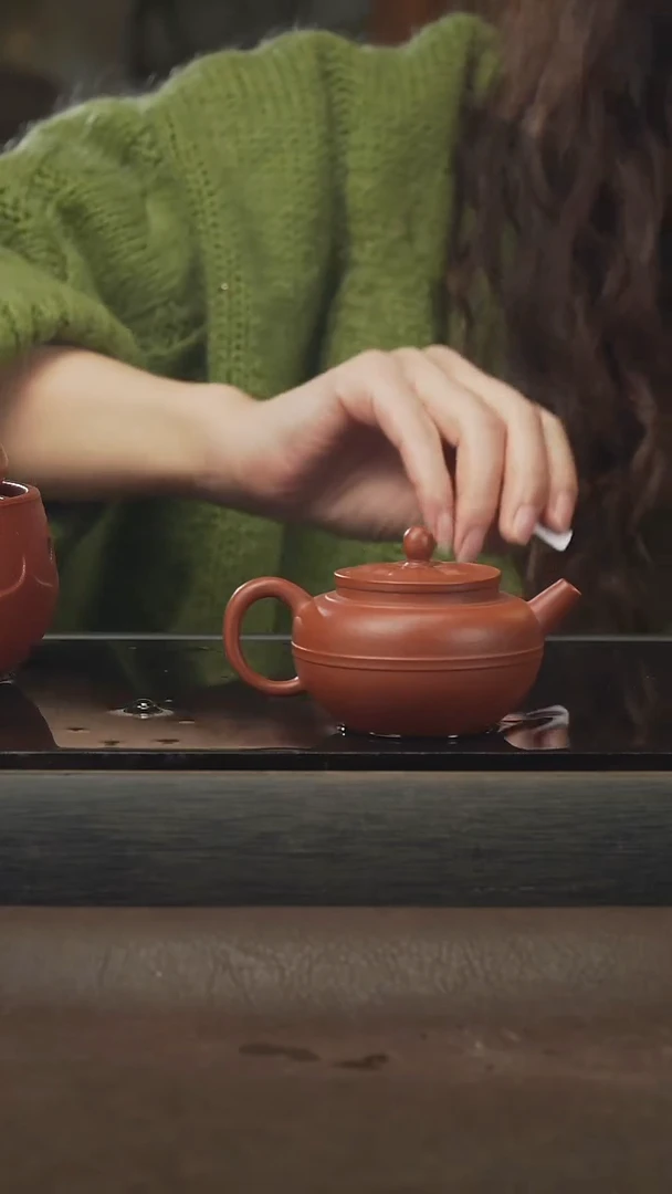 茶壶紫砂腰线巨轮，朱泥，110cc