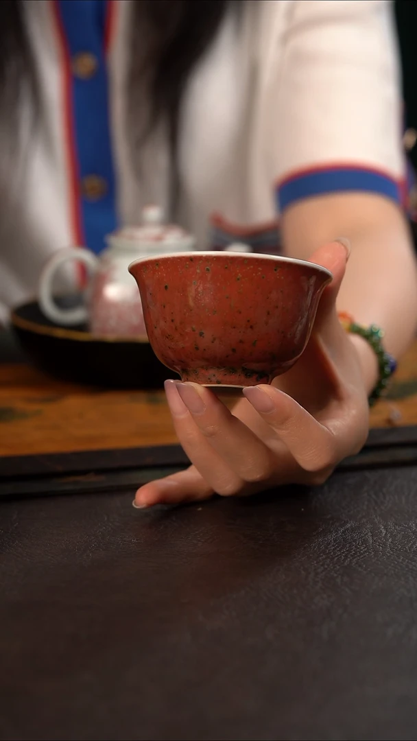 杯贵红窑豇豆红釉里红春竹撇口杯