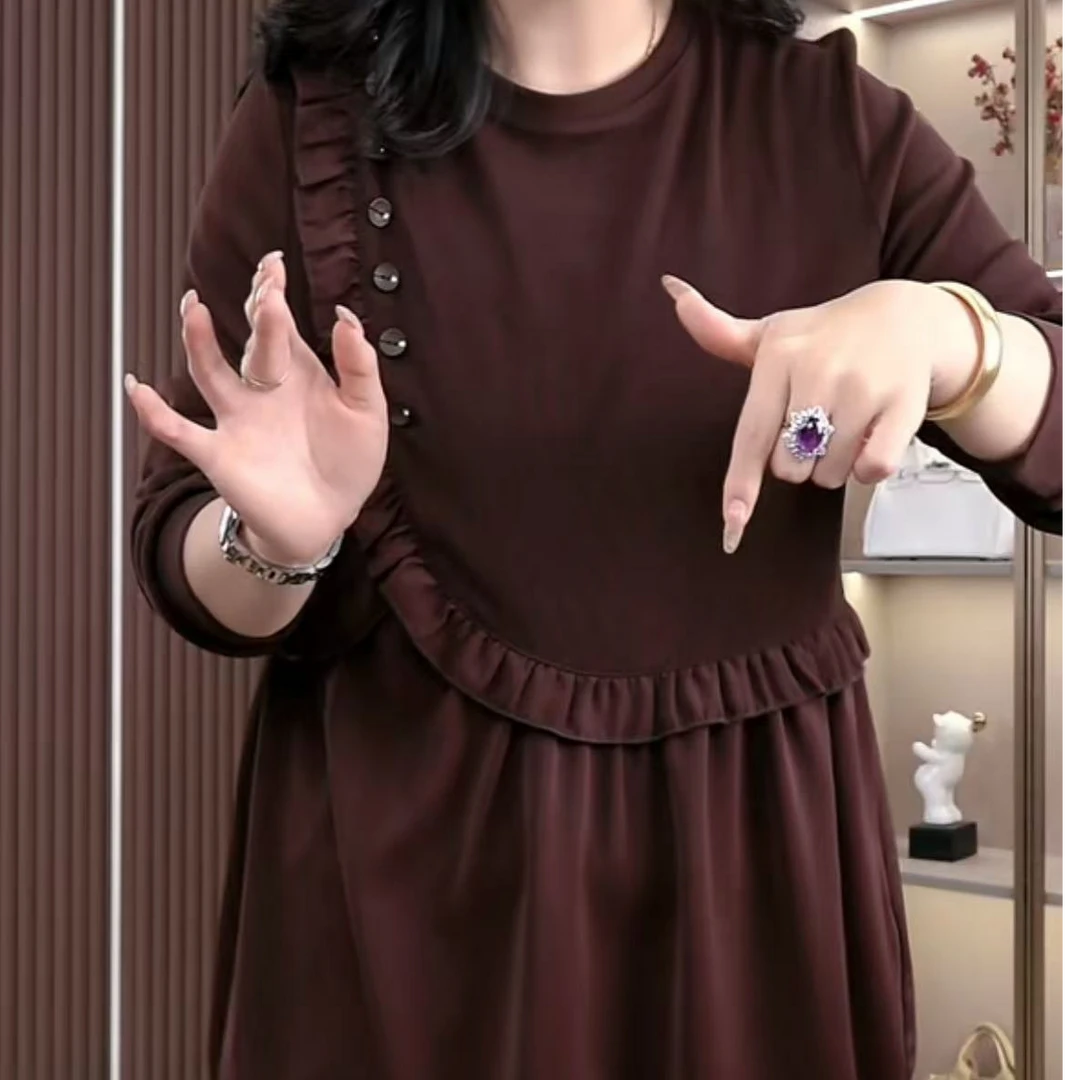 【现现】丹思慕秋季新款高端大码女装荷叶边遮肚显瘦气质上衣ZB6101