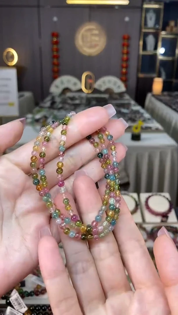 未镶嵌冰透体老矿碧玺彩虹三圈手串3mm+碧玺hon多样性发货一条