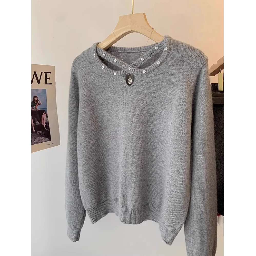 法式气质灰色镂空长袖软糯针织衫女春秋2026设计感内搭打底衫上衣