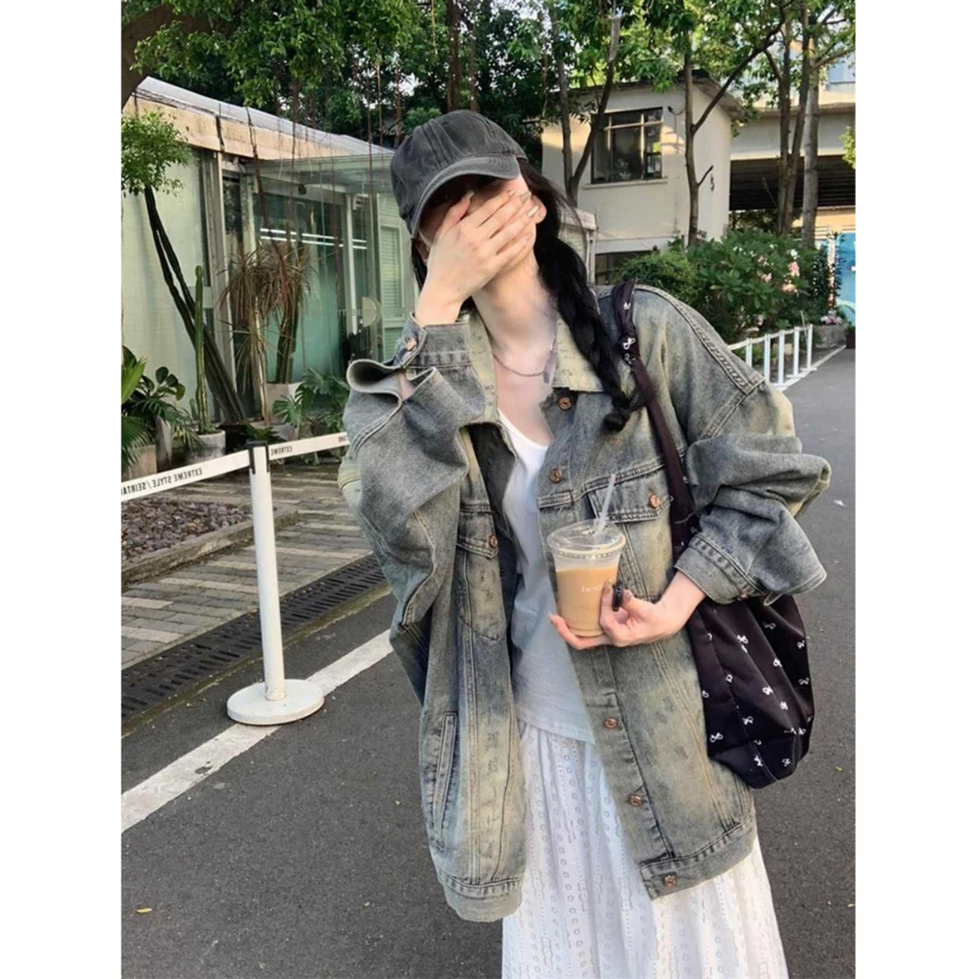 高街美式复古水洗做旧牛仔外套女春秋宽松oversize中长款夹克上衣
