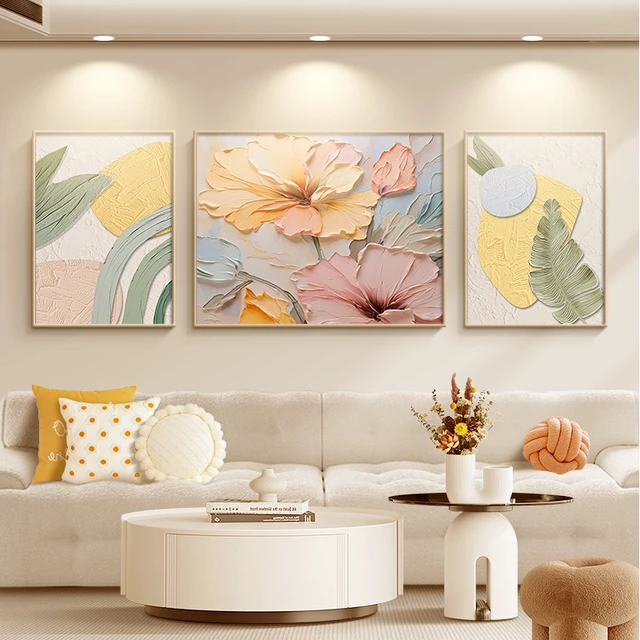 奶油风大芬油画村客厅装饰画简约肌理感花卉三联挂画高级艺术壁画