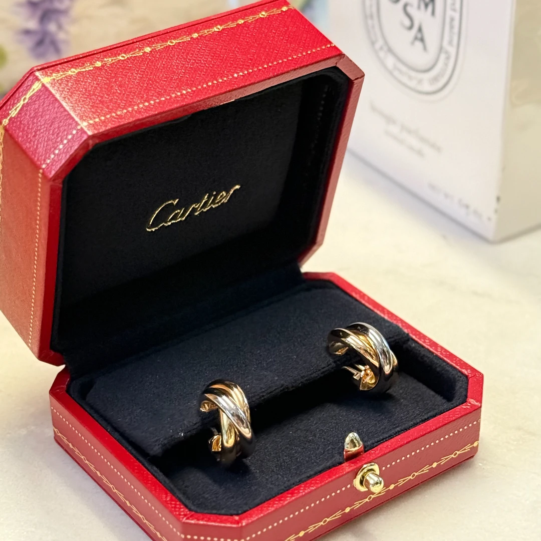 99新 Cartier/卡地亚 小花6枫 trinity三环耳环大号18k玫瑰金24年