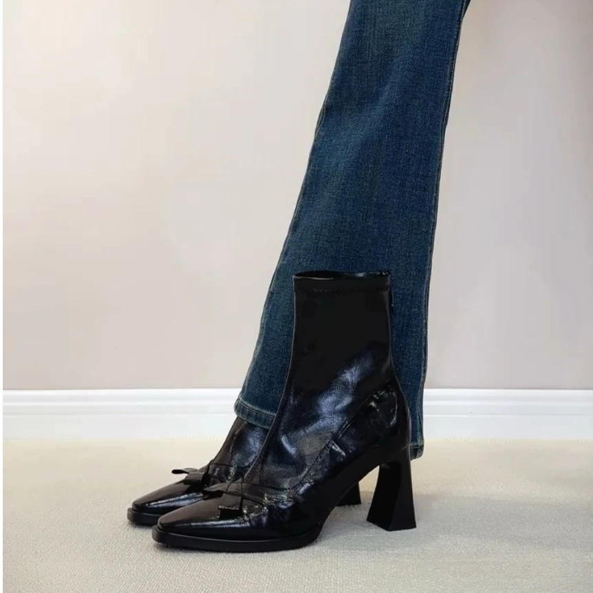 羊皮版~复古蝴蝶结高跟靴小方头气质粗跟短靴后拉链弹力瘦瘦靴女