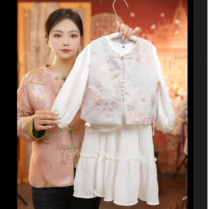 【春季穿搭】2025春季重工织金新中式马甲套装国风背心女童国风套装